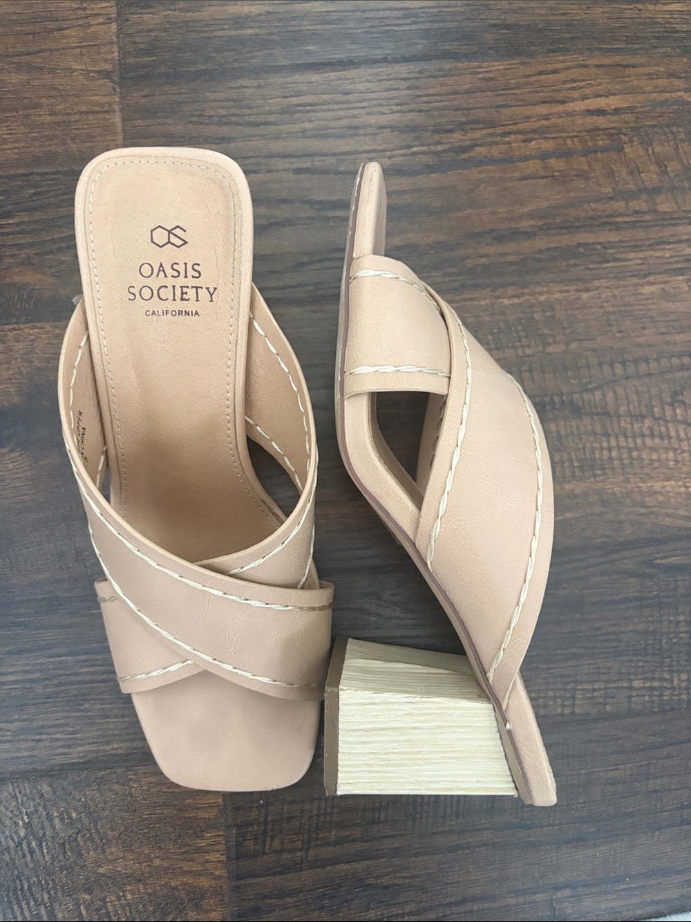 Society Blush Tan Crisscross Leather Block Heel Mules